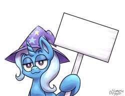 Size: 2600x2000 | Tagged: safe, artist:simpledoggo, trixie, pony, unicorn, g4, clothes, female, hat, horn, mare, sign, simple background, solo, trixie's hat, white background