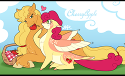 Size: 1858x1128 | Tagged: safe, artist:greenarsonist, applejack, strawberry sunrise, earth pony, pegasus, pony, g4, apple, basket, bedroom eyes, blushing, cloud, duo, duo female, female, food, freckles, heart, holiday, lesbian, looking at each other, looking at someone, lying down, mare, markings, mouth hold, open mouth, outdoors, picnic, picnic basket, picnic blanket, prone, raised hoof, redesign, ship:applerise, shipping, sitting, size difference, sky, unshorn fetlocks, valentine's day