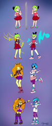 Size: 1440x3496 | Tagged: safe, artist:cyanoray, adagio dazzle, dj pon-3, vinyl scratch, oc, oc:tori, human, equestria girls, g4, character to character, high res, mental shift, microphone, mirror, music notes, transformation, transformation sequence