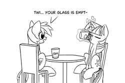 Size: 3000x2000 | Tagged: safe, artist:simpledoggo, rainbow dash, twilight sparkle, alicorn, pegasus, pony, g4, black and white, chair, drink, drinking, glass, grayscale, ice cube, magic, monochrome, sitting, table, telekinesis, twilight sparkle (alicorn)