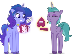 Size: 4136x3086 | Tagged: safe, artist:equestriaexploration, artist:nedemai, shiny sparks, oc, oc:nedemai, alicorn, pony, g5, my little pony: tell your tale, box of chocolates, duo, duo female, eating, female, long legs, magix, mare, present, simple background, tall, thin, transparent background