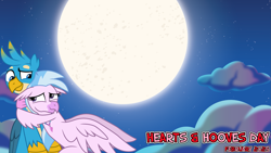 Size: 2063x1160 | Tagged: safe, artist:ejlightning007arts, artist:not-yet-a-brony, gallus, silverstream, griffon, hippogriff, g4, 2025, cloud, duo, duo male and female, february, female, friends, friendship, hearts and hooves day, holiday, hug, looking at each other, looking at someone, lyrics in the description, male, moon, moonlight, movie reference, night, outdoors, ship:gallstream, shipping, smiling, smiling at each other, song in the description, song reference, straight, valentine's day, youtube link in the description