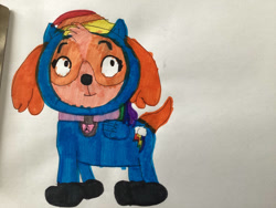 Size: 1032x774 | Tagged: safe, artist:ralsei6644, rainbow dash, g4, clothes, cockapoo, cosplay, costume, hoodie, paw patrol, skye (paw patrol), solo, traditional art