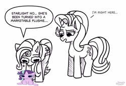 Size: 3200x2200 | Tagged: safe, artist:simpledoggo, starlight glimmer, trixie, pony, unicorn, g4, black and white, crying, duo, female, grayscale, horn, lesbian, mare, monochrome, plushie, self paradox, self ponidox, ship:startrix, shipping, simple background, white background