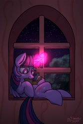 Size: 2000x3000 | Tagged: safe, artist:simpledoggo, twilight sparkle, alicorn, pony, g4, book, female, glowing, glowing horn, horn, indoors, mare, night, reading, solo, twilight sparkle (alicorn)