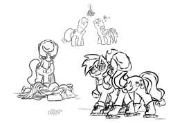 Size: 2804x2000 | Tagged: safe, artist:simpledoggo, applejack, rainbow dash, earth pony, pegasus, pony, g4, applejack's hat, black and white, blushing, clothes, cowboy hat, duo, family guy death pose, female, grayscale, hat, ice skating, imminent kissing, lesbian, looking at each other, looking at someone, lying down, magic, mare, mistletoe, monochrome, scarf, ship:appledash, shipping, simple background, sketch, sketch dump, telekinesis, white background