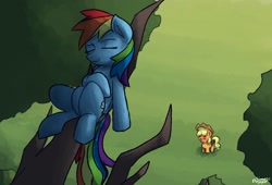 Size: 2709x1839 | Tagged: safe, artist:simpledoggo, applejack, rainbow dash, earth pony, pegasus, pony, g4, duo, female, in a tree, looking up, lying down, mare, sleeping, tree