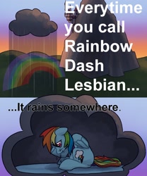 Size: 2050x2460 | Tagged: safe, artist:simpledoggo, rainbow dash, pegasus, pony, g4, artifact, canterlot, cloud, crying, female, homophobia, mare, meme, outdoors, rain, rainbow, raincloud, sitting, solo