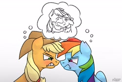 Size: 3000x2000 | Tagged: safe, artist:simpledoggo, applejack, rainbow dash, earth pony, pegasus, pony, g4, applejack's hat, blushing, cowboy hat, female, gritted teeth, hat, kissing, lesbian, looking at each other, looking at someone, mare, redraw, ship:appledash, shipping, simple background, teeth, thought bubble, white background