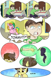 Size: 1800x2740 | Tagged: safe, artist:candyclumsy, oc, oc:candy clumsy, oc:tommy the human, alicorn, human, pony, comic:nightmare pulsar, alicorn oc, blocks, canterlot, canterlot castle, clothes, colt, comic, commissioner:bigonionbean, dialogue, foal, halloween, high res, holiday, horn, human oc, human to pony, magic, male, nightmare night, pants, shocked, shocked expression, shout, surprised, toy, transformation, wings, writer:bigonionbean