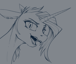 Size: 830x700 | Tagged: safe, artist:stray prey, oc, oc:acidia, pony, unicorn, bust, drool, drool string, fangs, female, floppy ears, horn, looking at you, mare, monochrome, open mouth, open smile, sharp teeth, slit pupils, smiling, smiling at you, solo, teeth