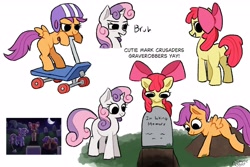 Size: 3000x2000 | Tagged: safe, artist:simpledoggo, apple bloom, scootaloo, sweetie belle, earth pony, pegasus, pony, unicorn, g4, apple bloom's bow, bow, cutie mark crusaders, female, filly, foal, grave, grave robber, grave robbing, gravestone, hair bow, helmet, horn, scooter, trio