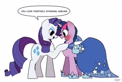 Size: 3100x2100 | Tagged: safe, artist:simpledoggo, rarity, twilight sparkle, pony, unicorn, g4, blushing, clothes, compliment, dialogue, dress, duo, female, gala dress, horn, lesbian, mare, ship:rarilight, shipping, simple background, speech bubble, white background