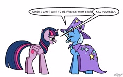 Size: 2832x1764 | Tagged: safe, artist:simpledoggo, trixie, twilight sparkle, alicorn, pony, unicorn, g4, cape, clothes, dialogue, duo, female, hat, horn, kill yourself, mare, simple background, speech bubble, trixie's cape, trixie's hat, twilight sparkle (alicorn), white background