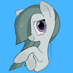 Size: 4096x4096 | Tagged: safe, artist:metaruscarlet, marble pie, earth pony, pony, g4, blue background, blushing, looking at you, one eye covered, raised hoof, simple background, solo