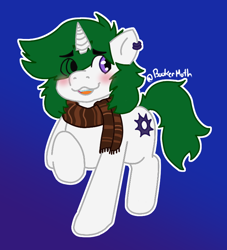 Size: 700x770 | Tagged: safe, oc, oc:zenith night, unicorn, blushing, clothes, ear piercing, gift art, green mane, horn, piercing, purple eyes, scarf