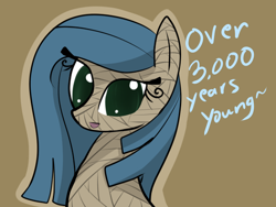 Size: 500x375 | Tagged: safe, artist:duskydreams, oc, oc only, oc:dusky dreams, pony, bandage, brown background, female, mummy, simple background, solo