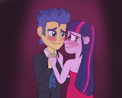 Size: 2500x2000 | Tagged: safe, artist:davspirit9123, flash sentry, twilight sparkle, human, equestria girls, g4, blushing, clothes, digital art, dress, eye contact, female, gradient background, holding hands, looking at each other, looking at someone, male, ship:flashlight, shipping, smiling, straight, tuxedo