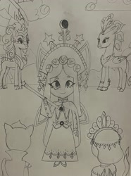 Size: 2917x3929 | Tagged: safe, artist:lnx1ynight16, abyssinian king, queen novo, rain shine, oc, oc:princess ika, oc:queen australis, abyssinian, cat, hippogriff, kirin, original species, g4, child, clothes, cloud, coronation, crowd, dress, evening, facial markings, folded wings, happy, holding something, hooves, jewelry, land overlander, looking at you, overland, overlander, palm tree, regalia, sunset, tail, tree, wand, wings, younger