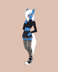 Size: 2488x3079 | Tagged: safe, artist:tomi_ouo, part of a set, oc, oc only, oc:flicker frame, earth pony, anthro, plantigrade anthro, blushing, brown background, clothes, crossdressing, femboy, male, midriff, simple background, skirt, socks, stockings, thigh highs