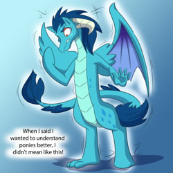 Size: 2000x2000 | Tagged: safe, artist:tfsubmissions, princess ember, dragon, pony, g4, dialogue, dragon to pony, female, gradient background, gritted teeth, looking at self, mid-transformation, ponified, solo, species swap, teeth, transformation, unwilling transformation, wide eyes