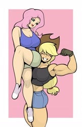 Size: 1781x2747 | Tagged: safe, artist:cyanrobo, applejack, fluttershy, human, g4, abs, applejacked, bicep flex, biceps, breasts, busty applejack, busty fluttershy, carrying, clothes, duo, duo female, eyes closed, female, flexing, gloves, grin, humanized, lesbian, lifting, midriff, muscles, ship:appleshy, shipping, shirt, shorts, smiling