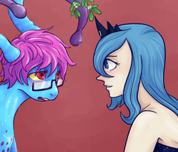 Size: 700x600 | Tagged: safe, artist:7nights, princess luna, oc, oc:cteno, goo, goo pony, human, original species, g4, female, glasses, humanized, jewelry, mistletoe, regalia