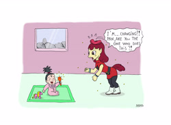 Size: 4668x3400 | Tagged: safe, artist:nadmh, apple bloom, human, pony, g4, character to character, crossover, dragon ball, dragon ball super, high res, human to pony, magic, pan (dragon ball), rattle, speech bubble, toy, transformation, transformation sequence, videl