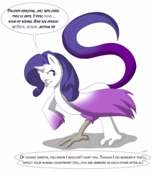 Size: 4244x4767 | Tagged: safe, artist:tfsubmissions, rarity, oc, oc:burning passion, articuno, pony, unicorn, g4, absurd resolution, beak, dialogue, horn, legendary pokémon, offscreen character, pokéfied, pokémon, pony to pokemon, pony to pokémon, raricuno, species swap, speech bubble, speech change, talons, transformation, wings