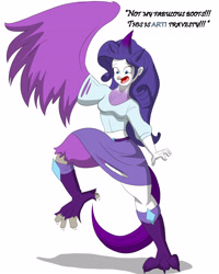 Size: 3063x3822 | Tagged: safe, artist:tfsubmissions, rarity, articuno, human, equestria girls, g4, beak, belt, boots, clothes, dialogue, feather, high res, human to pokemon, legendary pokémon, pokémon, raised leg, raricuno, ripping clothes, shoes, simple background, skirt, solo, speech bubble, speech change, surprised, tail, tail feathers, talons, transformation, white background, wings