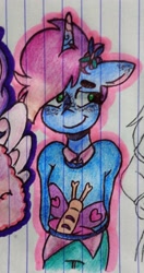 Size: 1871x3557 | Tagged: safe, artist:mindset, misty brightdawn, butterfly, unicorn, anthro, g5, arms behind body, clothes, colored, female, fluffy hair, freckles, frown, hair gradient, hair over one eye, hairclip, horn, looking at someone, one ear down, photo, rebirth misty, smiling at someone, sweater, traditional art