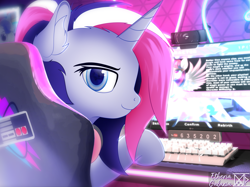 Size: 2615x1959 | Tagged: safe, artist:etheria galaxia, oc, oc only, oc:cerise azumi, pony, unicorn, chair, computer, female, gamer, gamer girl, gaming chair, horn, indoors, keyboard, looking at you, looking back, mare, office chair, ponytail, sitting, solo, unicorn oc, watermark