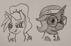 Size: 1530x1000 | Tagged: safe, artist:jargon scott, oc, oc only, oc:dyx, oc:nyx, alicorn, earth pony, bust, duo, duo female, female, filly, floppy ears, foal, glasses, grayscale, looking at you, monochrome, pencil drawing, round glasses, siblings, sisters, smiling, smiling at you, smirk, traditional art