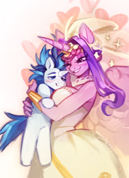 Size: 1371x1881 | Tagged: safe, artist:myscherri, princess cadance, shining armor, alicorn, unicorn, anthro, semi-anthro, g4, blushing, breasts, busty princess cadance, clothes, dress, duo, duo male and female, female, grin, height difference, horn, hug, male, mare, meme, ship:shiningcadance, shipping, smiling, stallion, straight, the bride and the ugly ass groom, wedding dress