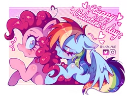 Size: 1525x1149 | Tagged: safe, artist:l4zy_4le, pinkie pie, rainbow dash, earth pony, pegasus, pony, g4, duo, duo female, eyes closed, female, floating heart, heart, holiday, lesbian, mare, open mouth, passepartout, ship:pinkiedash, shipping, sniffing, valentine's day