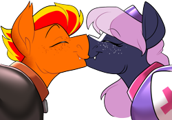 Size: 1381x964 | Tagged: safe, artist:parrpitched, oc, oc:fireheart(fire), oc:nurse lavender blossom, bat pony, adora(prisoners of the moon), alternate universe, bat pony oc, fireheart76's latex suit design, gloves, kissing, latex, latex boots, latex suit, prisoners of the moon, rubber, rubber gloves, rubber suit