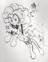 Size: 1650x2119 | Tagged: safe, artist:dddddaxie998839, pinkie pie, earth pony, pony, g4, big eyes, character name, emaciated, name, open mouth, open smile, rearing, shrunken pupils, skinny, smiling, solo, thin, traditional art, wide eyes