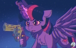 Size: 1899x1200 | Tagged: safe, artist:brainiac, twilight sparkle, alicorn, pony, g4, anime, chest fluff, female, gun, hand, handgun, magic, magic hands, mare, retro, revolver, solo, twilight sparkle (alicorn), weapon