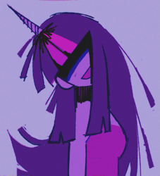 Size: 1011x1113 | Tagged: safe, artist:onionpwder, twilight sparkle, human, g4, clothes, dress, head tilt, hidden eyes, horn, horned humanization, humanized, limited palette, long hair, off shoulder, open mouth, open smile, purple background, purple hair, purple skin, shoulderless, simple background, smiling, turned head, two toned hair, unicorn horn