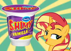 Size: 900x650 | Tagged: safe, sunset shimmer, pony, unicorn, g4, abstract background, argentina, brand, dessert, female, food, horn, mare, solo, two toned background