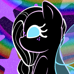 Size: 768x768 | Tagged: safe, artist:kharmacal, oc, oc only, oc:glitter dust, flutter pony, abstract background, blank eyes, flutter pony oc, freckles, no mouth, no nose, rainbow, solo, stars