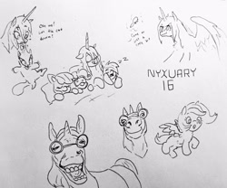 Size: 2048x1703 | Tagged: safe, artist:pony quarantine, apple bloom, opalescence, scootaloo, sweetie belle, oc, oc:nyx, alicorn, cat, earth pony, pegasus, pony, unicorn, g4, alternate timeline, brush, cutie mark crusaders, dialogue, female, feral, filly, foal, glasses, grayscale, hoers, horn, mare, messy mane, monochrome, mouth hold, nyxruary, onomatopoeia, pen drawing, round glasses, sleep mask, sleeping, sound effects, traditional art, zzz