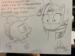 Size: 2048x1536 | Tagged: safe, artist:andy price, spike, twilight sparkle, dragon, pony, unicorn, g4, female, horn, male, mare, speech bubble, traditional art