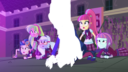 Size: 1280x720 | Tagged: safe, edit, edited screencap, screencap, indigo zap, lemon zest, sour sweet, sugarcoat, sunny flare, human, equestria girls, g4, my little pony equestria girls: friendship games, canterlot high, clothes, crystal prep academy, crystal prep academy uniform, crystal prep shadowbolts, cute, female, glasses, headphones, open mouth, scared, school uniform, shadow five, shocked, uniform