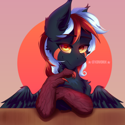 Size: 2220x2230 | Tagged: safe, artist:divori, oc, oc only, oc:ephy magma, original species, pegasus, pony, timber pony, timber wolf, abstract background, chest fluff, claws, ear fluff, glowing, glowing eyes, looking at you, paws, sitting, smiling, smiling at you, solo, two toned mane, wings