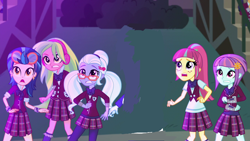 Size: 1280x720 | Tagged: safe, edit, edited screencap, screencap, indigo zap, lemon zest, sour sweet, sugarcoat, sunny flare, human, equestria girls, g4, my little pony equestria girls: friendship games, canterlot high, clothes, crystal prep academy, crystal prep academy uniform, crystal prep shadowbolts, cute, female, glasses, headphones, open mouth, scared, school uniform, shadow five, shocked, uniform, worried