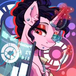 Size: 1000x1000 | Tagged: safe, artist:breloomsgarden, oc, oc only, oc:claret heartthrob, unicorn, fanfic:iron hearts, abstract background, bust, chains, commissioner:sfaccountant, diagnosis, doctor, doctor coat, ear piercing, eyeshadow, hologram, horn, lip piercing, magic, makeup, piercing, portrait, scalpel, scouter, screen, surgeon, surgery, unicorn oc