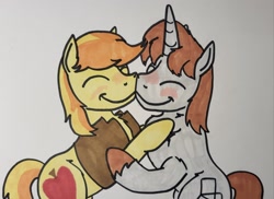 Size: 2048x1491 | Tagged: safe, artist:hoofclid, braeburn, oc, oc:hoofclid, earth pony, pony, unicorn, g4, canon x oc, chest fluff, duo, duo male, eyes closed, gay, hatless, horn, hug, male, marker drawing, missing accessory, shipping, smiling, stallion, traditional art, unshorn fetlocks