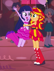 Size: 2300x2993 | Tagged: safe, artist:moogood, captain planet, sunset shimmer, tennis match, twilight sparkle, human, equestria girls, g4, alternate universe, background human, bare shoulders, belt, boots, canterlot high, clothes, complex background, dancing, dress, duo focus, fall formal, fall formal outfits, female, grabbing, indoors, lesbian, looking at each other, looking at someone, ship:sunsetsparkle, shipping, shoes, sleeveless, smiling, smiling at each other, vector