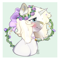 Size: 3500x3500 | Tagged: safe, artist:rabbit__princess, oc, oc only, pony, unicorn, bell, blue eyes, blushing, commission, floral head wreath, flower, flower in hair, heart, high res, horn, solo, stars, unicorn oc, ych result